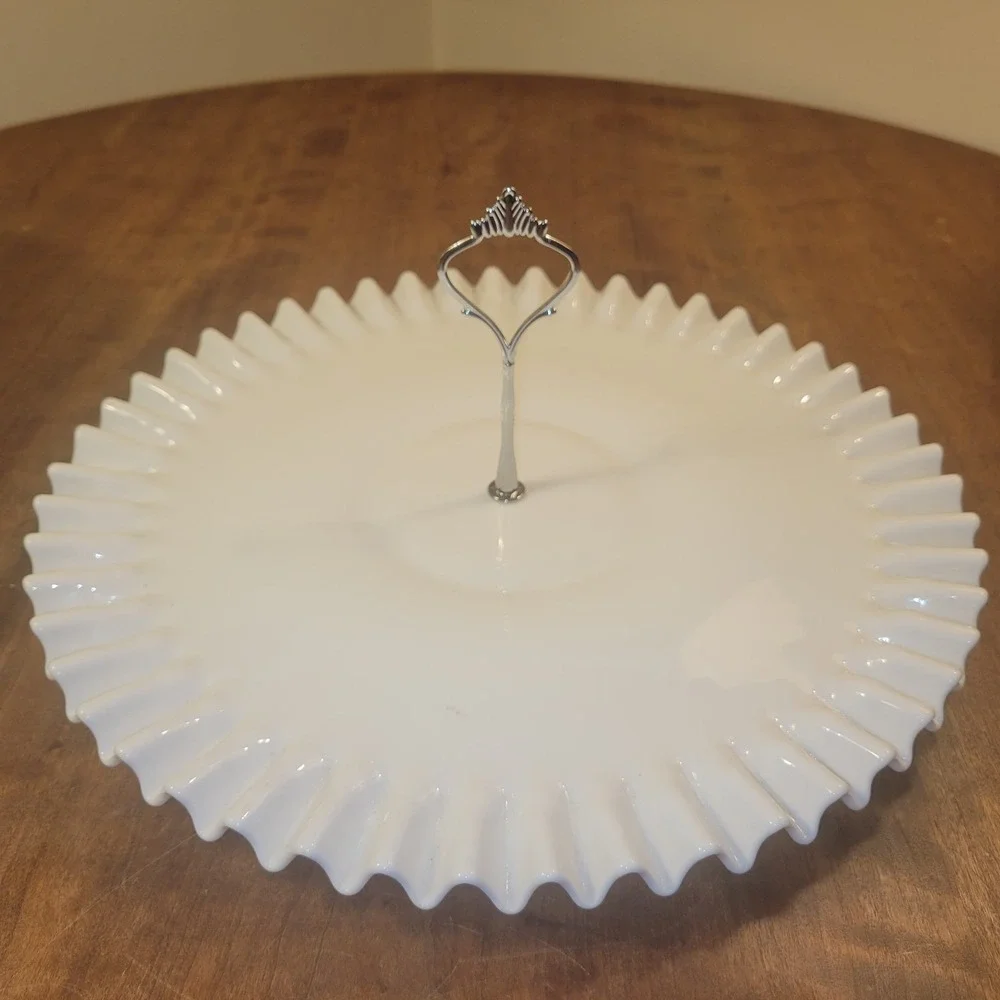 Vtg. Fenton? White Milk Glass Hobnail Ruffle Edge Serving Platter W/Handle 13.5
